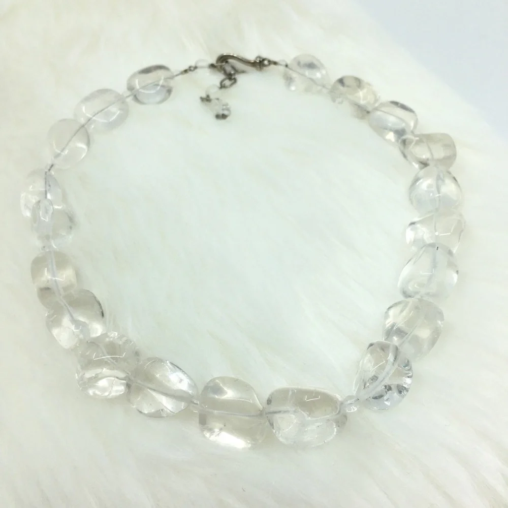 Vintage Chunky Clear Rock Crystal Quartz Beaded Necklace Silver Clasp